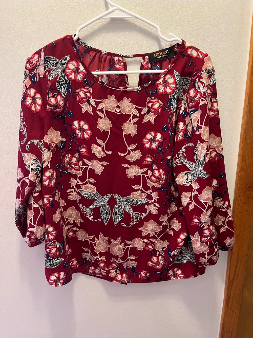 Renee C. Burgundy Floral Round-Neck Blouse